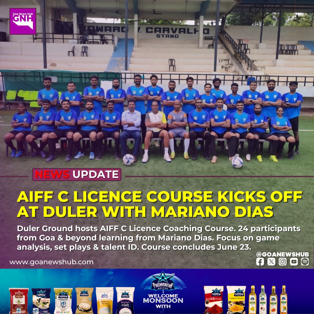 goanewshub's tweet image. Duler Ground hosts AIFF C Licence Coaching Course. 24 participants from Goa &amp;amp; beyond learning from Mariano Dias. Focus on game analysis, set plays &amp;amp; talent ID. Course concludes June 23. 
#GoaFootball #AIFF #CoachingCourse #IndianFootball