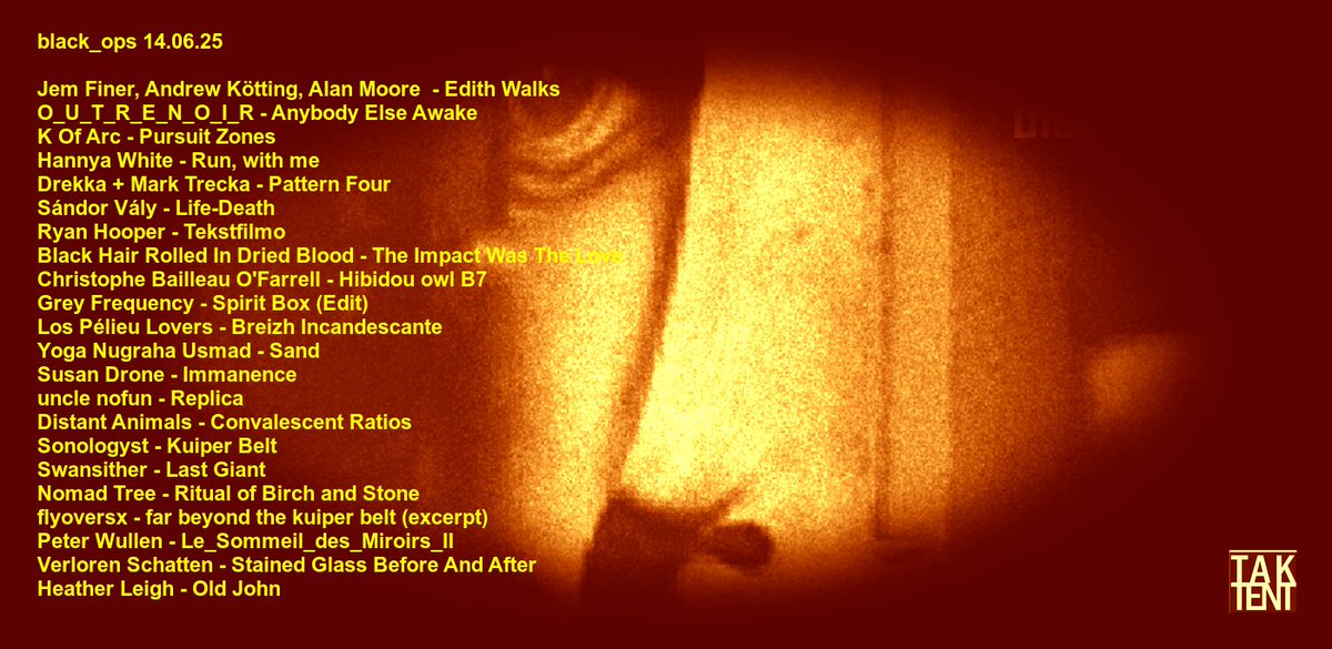 Tak Tent Radio (@taktentradio) on Twitter photo On fine form as ever <a href="/bopsfjk/">black_ops</a> with a new mix featuring
<a href="/davidfenech/">David Fenech</a> <a href="/K_of_ARC/">K</a> <a href="/HannyaWhite/">Hannya White</a> <a href="/Sonologyst/">Unexplained Sounds</a> <a href="/heavycloudhaze/">Ryan</a> <a href="/GreyFrequency/">Grey Frequency</a> <a href="/phntmlimb/">Phantom Limb</a> <a href="/Somnimage/">Somnimage</a> <a href="/swansither/">Swansither</a> <a href="/flyoversx/">flyoversx //</a> <a href="/RidgeShady/">Shady Ridge Records</a> <a href="/wishimage/">Heather Leigh</a>
>> PLAY >> taktentradio.com/?p=4560 On fine form as ever <a href="/bopsfjk/">black_ops</a> with a new mix featuring
<a href="/davidfenech/">David Fenech</a> <a href="/K_of_ARC/">K</a> <a href="/HannyaWhite/">Hannya White</a> <a href="/Sonologyst/">Unexplained Sounds</a> <a href="/heavycloudhaze/">Ryan</a> <a href="/GreyFrequency/">Grey Frequency</a> <a href="/phntmlimb/">Phantom Limb</a> <a href="/Somnimage/">Somnimage</a> <a href="/swansither/">Swansither</a> <a href="/flyoversx/">flyoversx //</a> <a href="/RidgeShady/">Shady Ridge Records</a> <a href="/wishimage/">Heather Leigh</a>
>> PLAY >> taktentradio.com/?p=4560
