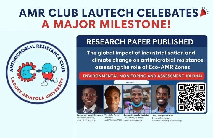 amrclublautech's tweet photo. 📌 🎊 AMR Club LAUTECH is pleased to announce the *publication of its first research paper* 🎉. 
Our research explores the link between Antimicrobial Resistance (AMR), Climate Change, and Industrialisation!
* https://t.co/0EHVlqtRrh