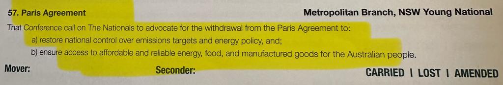 This afternoon the NSW Nationals party conference voted to abandon the commitment to net zero and to advocate for the withdrawal from the Paris Agreement. 

People are sick and tired of Australians having to pay more for food, power and transport in a resource rich country that