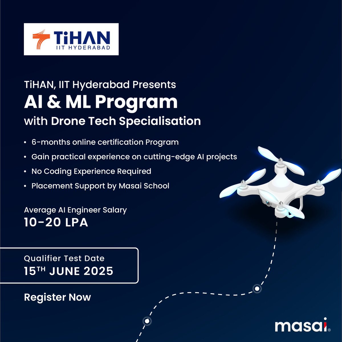 Good to see Tihan - IIT Hyderabad launching a 6 month online part-time certification course in AI &amp; ML

Registration link: bit.ly/IIT_hyd_test

1. Test is of 1 Hour, Fee - ₹99 (refundable)
2. Pass the Test &amp; Interview
3. Get selected in a world class AI program. 👍