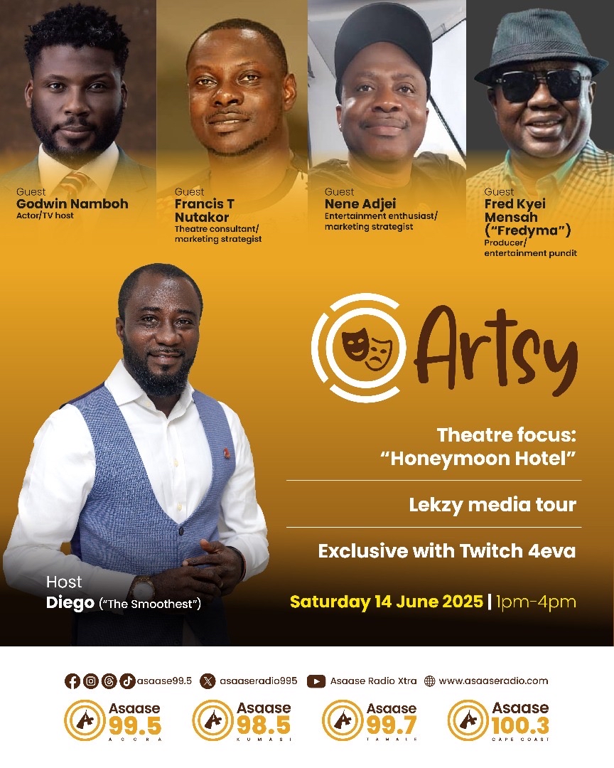 asaaseradio995's tweet photo. Don’t miss Artsy this Saturday, 14th June 2025 from 1–4pm on Asaase Radio!
Join host Diego “The Smoothest” and special guest as they dive into theatre with Honeymoon Hotel, talk Lekzy’s media tour, and go exclusive with Twitch 4eva.

#ArtsyOnAsaase #AsaaseRadio #TheatreTalk https://t.co/qzPwUPA5RH