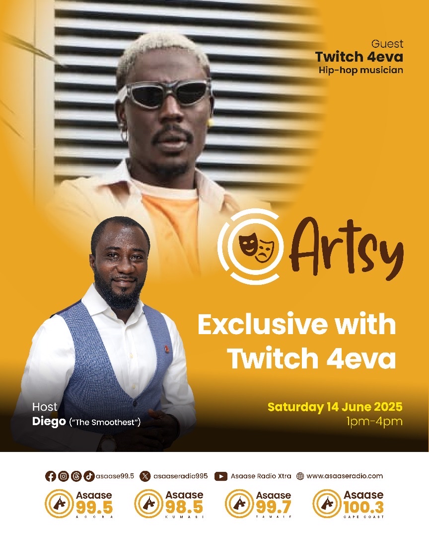asaaseradio995's tweet photo. Don’t miss Artsy this Saturday, 14th June 2025 from 1–4pm on Asaase Radio!
Join host Diego “The Smoothest” and special guest as they dive into theatre with Honeymoon Hotel, talk Lekzy’s media tour, and go exclusive with Twitch 4eva.

#ArtsyOnAsaase #AsaaseRadio #TheatreTalk https://t.co/qzPwUPA5RH