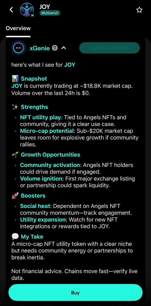 Angels_NFTs's tweet photo. .@xPortalApp just lanched xGenie and is really cool😎 🤖

Here’s its take on $JOY 😇

#MultiversX #EGLD #DYOR #NFA https://t.co/INcvHjV4Im