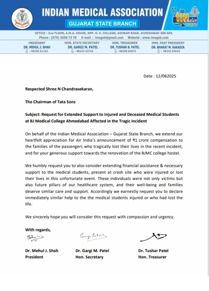 Request for Extended Support to Injured and Deceased Medical Students at BJ Medical College Ahmedabad Affected in the Tragic Incident

<a href="/TataCompanies/">Tata Group</a>