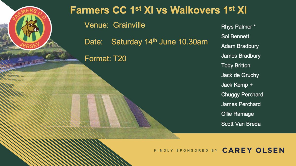 Farmers Cricket Club (@farmerscricket) on Twitter photo Here is how the 1st XI line up today to take on <a href="/walkovers/">RGA Walkovers Cricket Club</a> at Grainville from 10.30 in a T20.
Thanks especially to <a href="/CareyOlsen/">Carey Olsen</a> our main Club sponsor and <a href="/PraxisGroupHQ/">Praxis</a> our ball sponsor. Here is how the 1st XI line up today to take on <a href="/walkovers/">RGA Walkovers Cricket Club</a> at Grainville from 10.30 in a T20.
Thanks especially to <a href="/CareyOlsen/">Carey Olsen</a> our main Club sponsor and <a href="/PraxisGroupHQ/">Praxis</a> our ball sponsor.