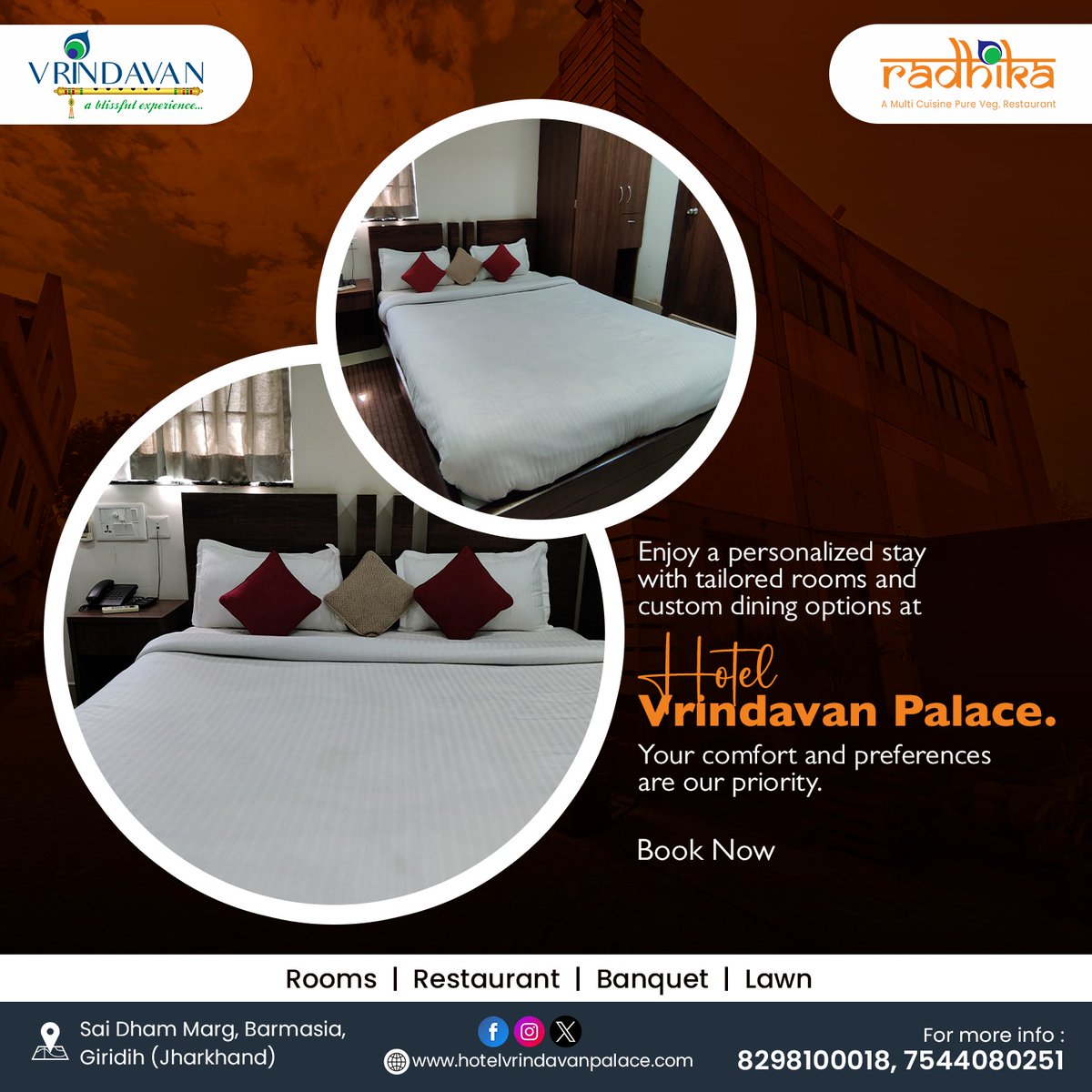 vrindavan_hotel's tweet photo. Enjoy a Personalized Stay at Hotel Vrindavan Palace!🏨

Tailored rooms &amp; custom dining options — because your comfort and preferences are our priority.

📞 Call us: 8298100018 / 7544080251

#PersonalizedStay #HotelVrindavanPalace #ComfortFirst #CustomExperience #BookNow https://t.co/r4Thq5Fz8i