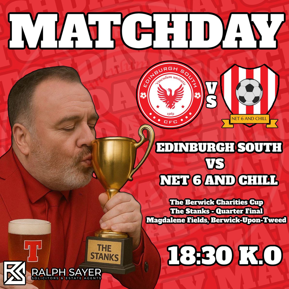 ⚽ Stanks Charity Cup – Quarter Final 🏆 

🔴Edinburgh South vs Net 6 and Chill 🏁

Expect a solid game, a few good tackles, maybe a worldie, and definitely some questionable passing under pressure.

It’s football for a good cause, all in support of charity.
