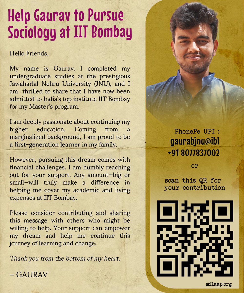*Help Gaurav to pursue Sociology at IIT Bombay*

Hello Friends,
My name is Gaurav. I completed my undergraduate studies at the prestigious Jawaharlal Nehru University (JNU) from CPCAS, SLL&amp;CS, JNU in Persian language.
And today I am thrilled to share that I have now been admitted