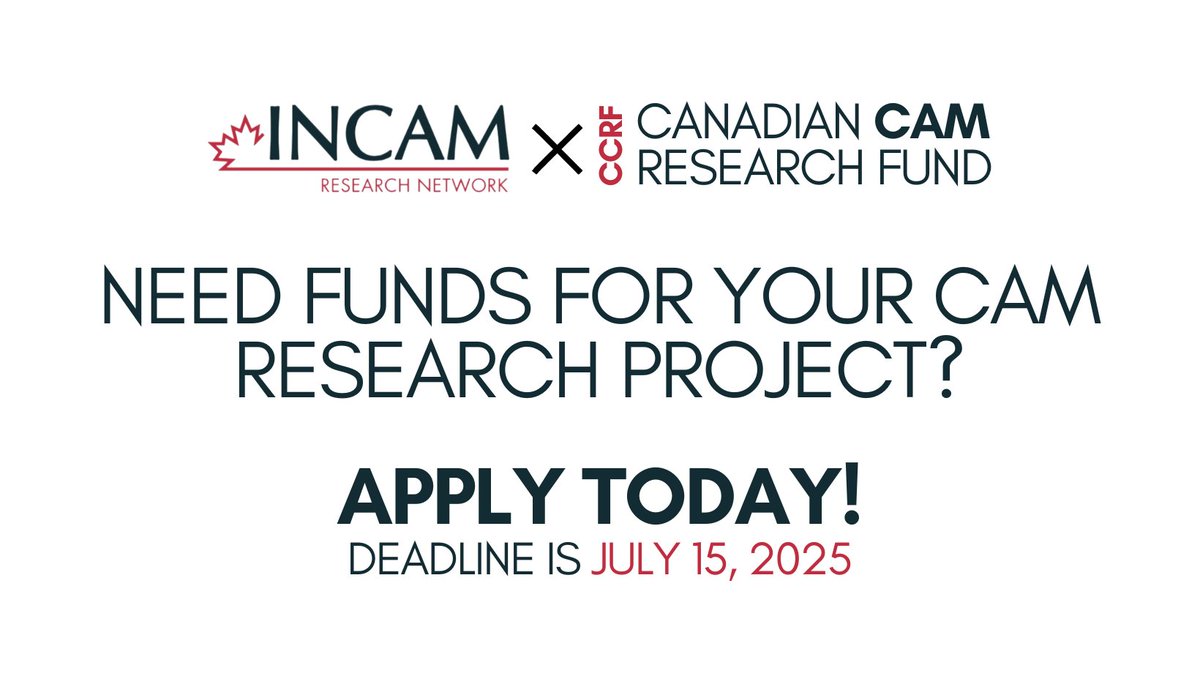 🚨 Applications now open!
The 2025 Canadian CAM Research Fund (CCRF) offers up to $5,000 to support high-quality CAM research.
Open to INCAM members across Canada.
Deadline: July 15, 2025
📄Guidelines: incamnetwork.ca/ccrf-funding/
#CAMresearch #IntegrativeHealth