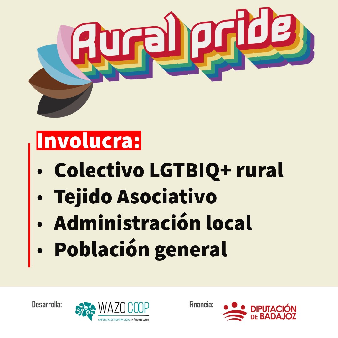 Rural Pride Realidad y desafíos del colectivo LGTBIQ+ en Jerez Sierra Suroeste involucrará a:
✔️Colectivo LGTBIQ+ rural
✔️Tejido Asociativo
✔️Administración local
✔️Población general
f.mtr.cool/ozuvffcjbi
