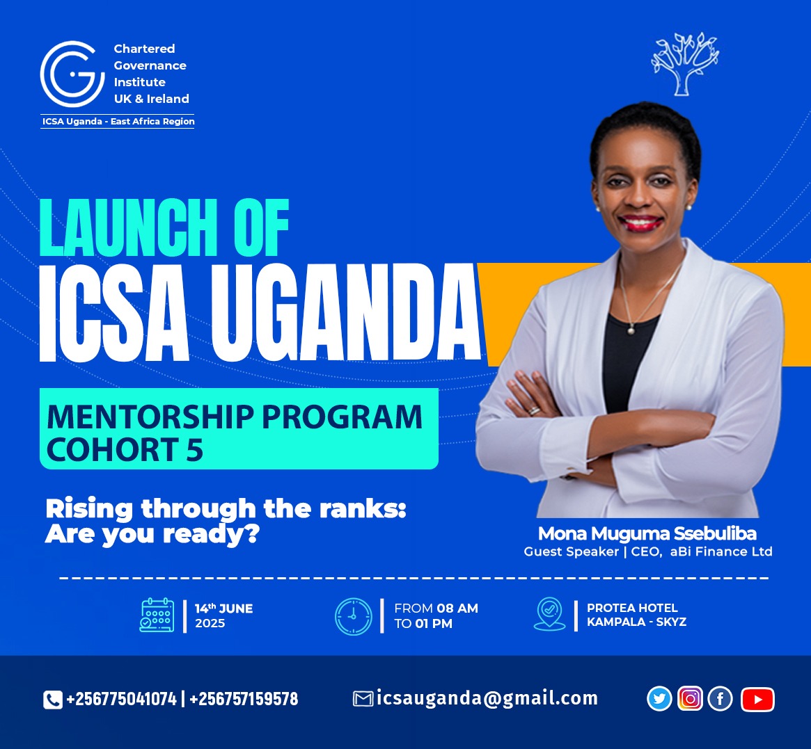 This morning, we are honored to be joined by <a href="/MonaMuguma/">Mona B M Ssebuliba</a>, CEO of <a href="/aBiDevtFinance/">Agricultural Business Initiative (aBi)</a>, as we officially launch Cohort 5 of the ICSA Uganda Mentorship Program!

Theme: Rising Through the Ranks: Are You Ready?
This cohort will be a transformative journey for 35 governance professionals.