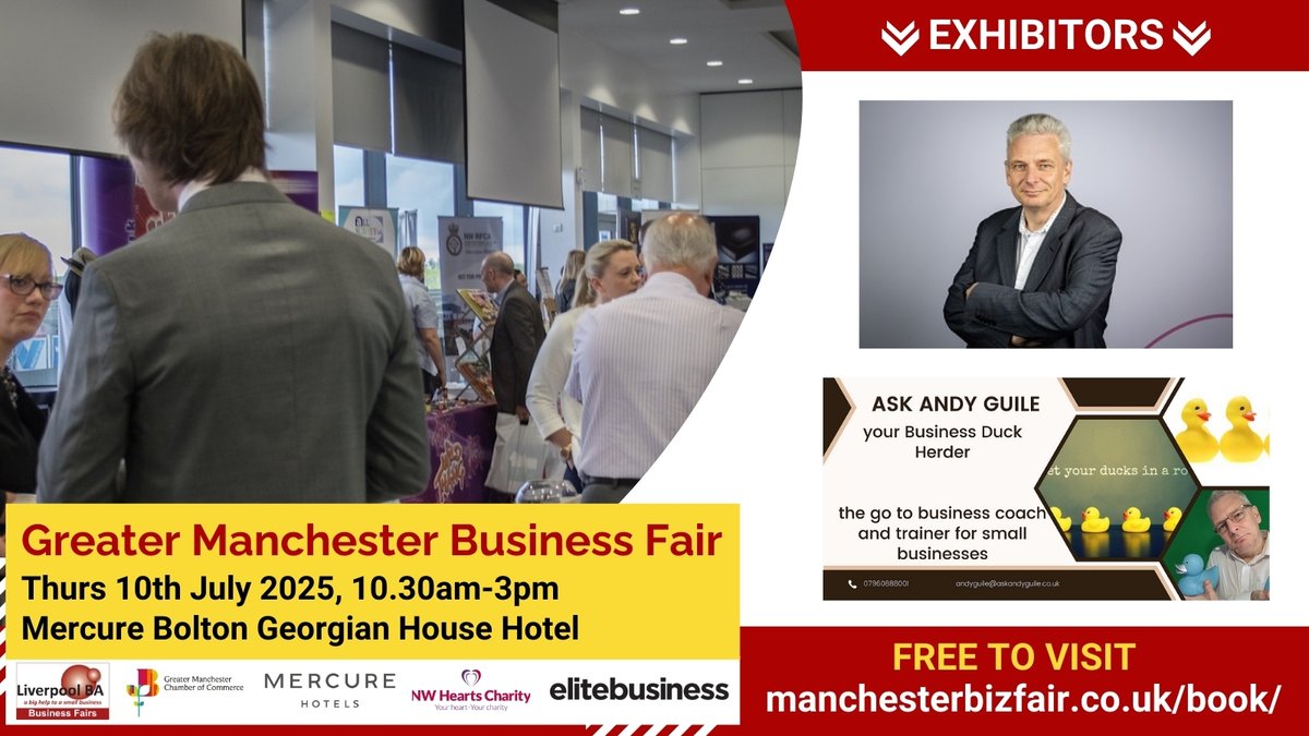 Liverpool BA (@liverpoolba) on Twitter photo Getting your business ducks in a row will transform your business and Andy Guile <a href="/askandyguile/">Andy Guile</a> can help you achieve it. Talk to him on his stand or attend his free workshop at #ManchesterBizFair Thurs 10 July Mercure Bolton Hotel Free Entry #ukweekendhour manchesterbizfair.co.uk Getting your business ducks in a row will transform your business and Andy Guile <a href="/askandyguile/">Andy Guile</a> can help you achieve it. Talk to him on his stand or attend his free workshop at #ManchesterBizFair Thurs 10 July Mercure Bolton Hotel Free Entry #ukweekendhour manchesterbizfair.co.uk