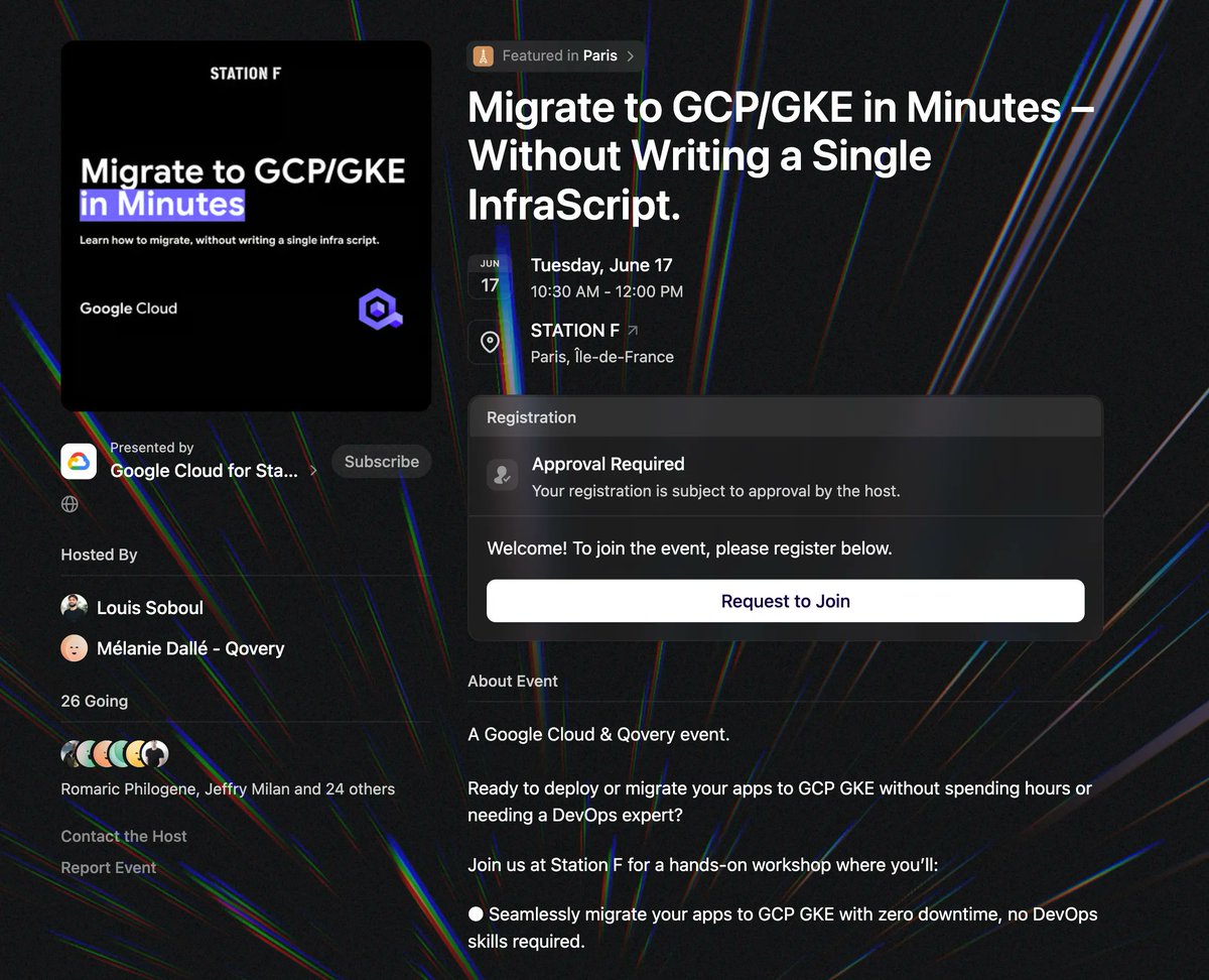 Only a few spots remain for our in-person event with GCP next week 🇫🇷. It's the perfect opportunity to migrate your apps to GCP with GKE in just one hour - all without a single line of infra script.

Link below

Can't wait to see you there :)