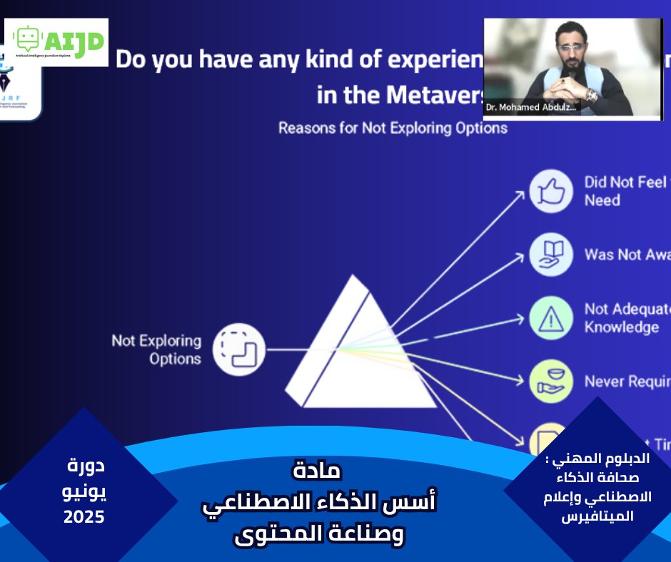 انطلاق دورة يونيو 2025، من : #دبلوم_صحافة_الذكاء_الاصطناعي وإعلام الميتافيرس.
مادة " أسس الذكاء الاصطناعي وصناعة المحتوى" .  . من أبرز المواد الدراسية في الدبلوم، مع الدكتور محمد عبد الظاهر. 
#إعلام_الميتافيرس
#AIJRF
#AIJD
#media_of_metaverse