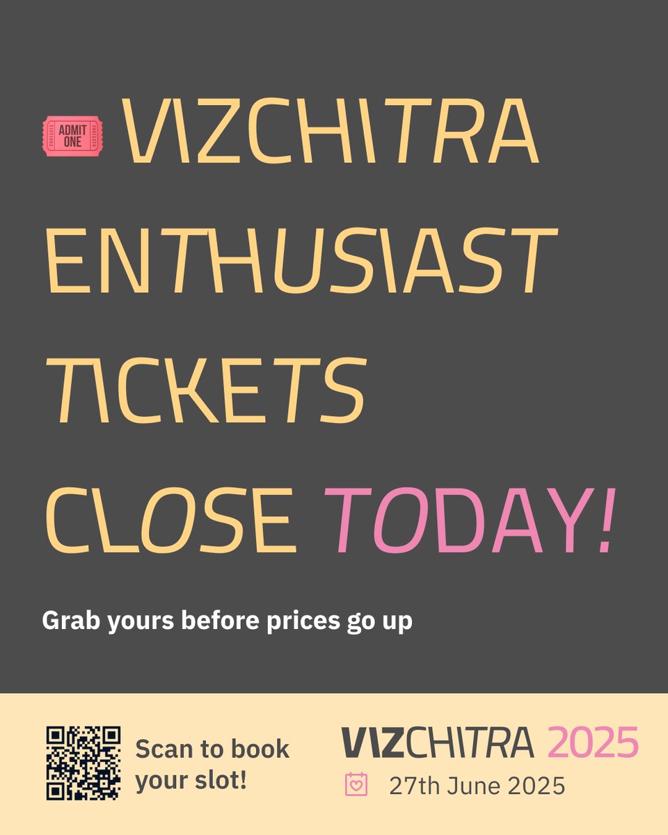 🎟️ Last day to grab your VizChitra enthusiast ticket!
Prices go up tomorrow. Come for the charts, stay for the people 🧠📊

Get yout tickets here: hasgeek.com/VizChitra/2025…

#VizChitra #DataViz #DesignInIndia