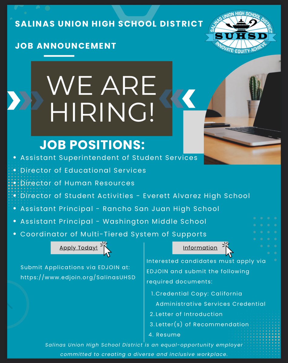 🚨 WE’RE HIRING LEADERS! 🚨

Are YOU ready to make an impact? 

Join our powerhouse team at Salinas Union High School District (SUHSD)—where leadership, equity, and student success drive everything we do! 🌎📚

We are looking for visionary educators and dynamic leaders for the