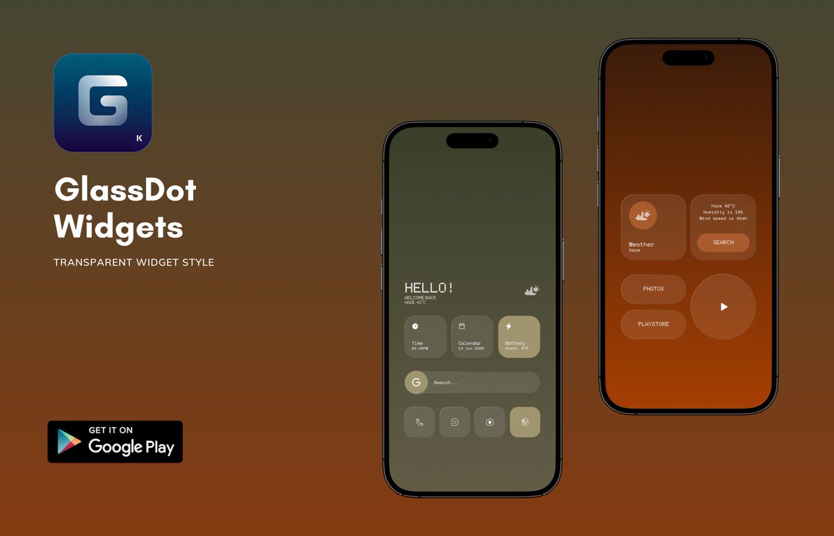 Hey Guys!
GlassDot Widgets is now live on Play Store! ✨

Inspired by the transparent, glass vibe of Nothing OS — minimal, clean &amp; aesthetic.

✅ 52 widgets on initial release
✅ Glass &amp; minimal look
✅ Affordable 💸

Check it out: play.google.com/store/apps/det…

🧡 &amp; 🔁 appreciated!