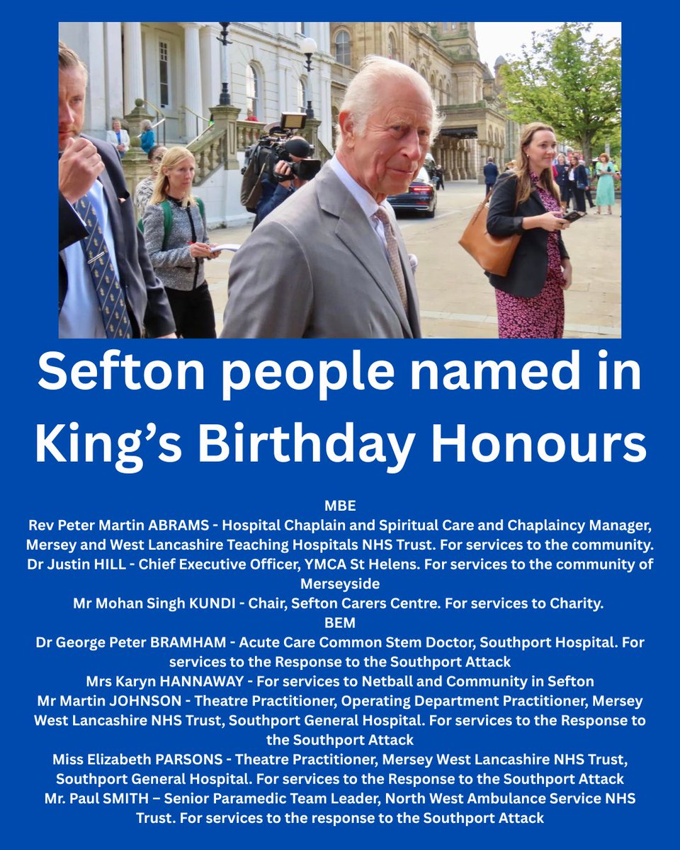 Congratulations to everyone in Southort and across Sefton who have been recognised in the King's Birthday Honours 👏👏👏
#StandUpForSouthport #southport #sefton #honours #kingsbirthdayhonours