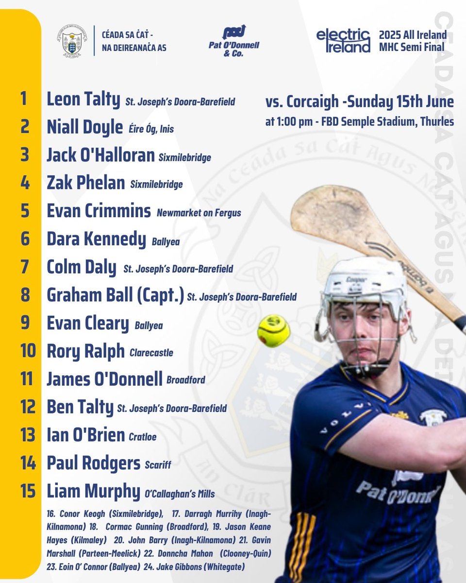 Clare Gaa (@gaaclare) on Twitter photo The Clare Minor Hurling side to face Cork in Sunday’s <a href="/ElectricIreland/">Electric Ireland</a> All Ireland Semi Final has been named .
Throw in at FBD Semple Stadium in Thurles is at 1pm and tickets are for sale online at am.ticketmaster.com/gaa/buy/25SS15…
Wishing the lads and management all the very best . The Clare Minor Hurling side to face Cork in Sunday’s <a href="/ElectricIreland/">Electric Ireland</a> All Ireland Semi Final has been named .
Throw in at FBD Semple Stadium in Thurles is at 1pm and tickets are for sale online at am.ticketmaster.com/gaa/buy/25SS15…
Wishing the lads and management all the very best .