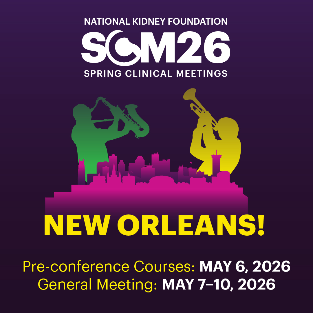 📣 Save the Date!

SCM26 is heading to New Orleans, with the main conference running from May 7 - May 10 and ticketed pre-conference courses taking place on May 7, 2026.  🎉🩺

Stay tuned for updates at kidney.org/spring-clinical

#Nephrology #KidneyCare #SaveTheDate