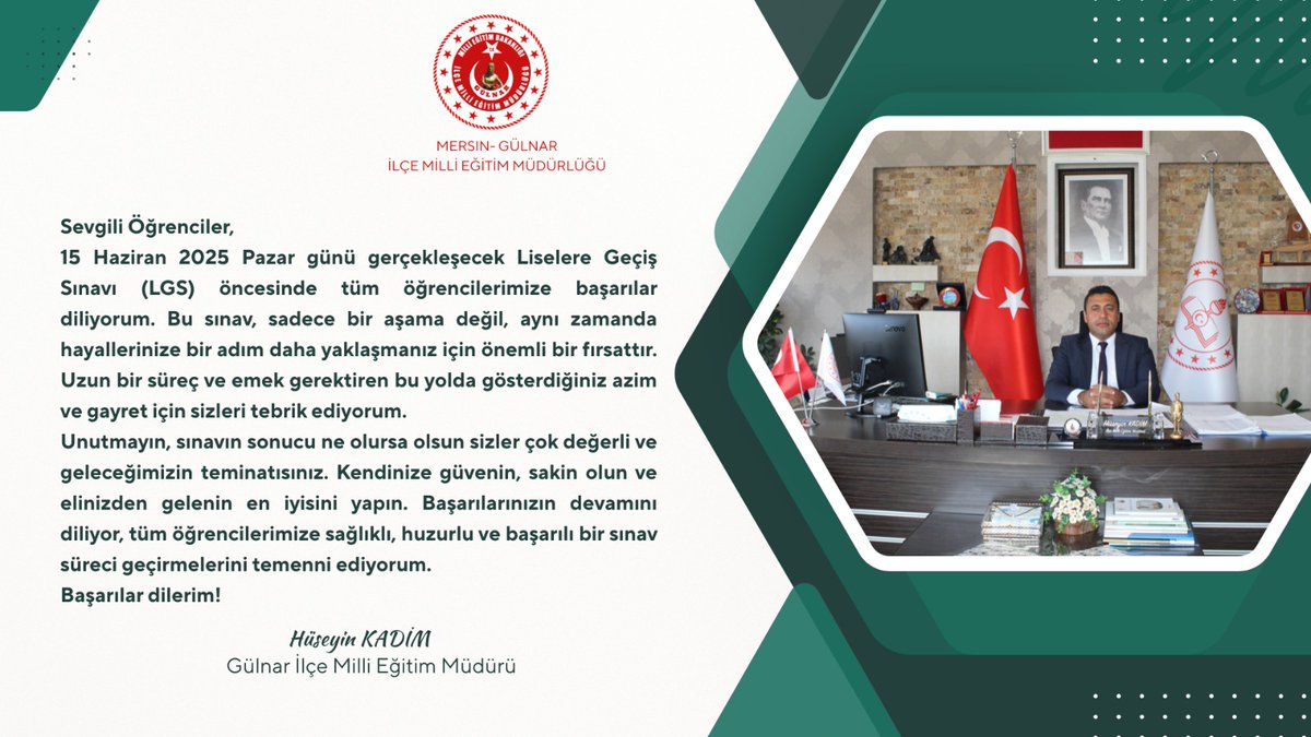 Gülnar İlçe Millî Eğitim Müdürlüğü (@gulnarmem) on Twitter photo 15 Haziran Pazar günü yapılacak olan Lise Giriş Sınavına (LGS) katılacak olan tüm öğrencilerimize başarılar diliyoruz.
<a href="/yusufziyayakti/">Yusuf Ziya Yaktı</a>
<a href="/fazilet_durmus/">Fazilet Öğretmen 🇹🇷</a>
<a href="/FatihBurgut/">Fatih BURGUT</a>
<a href="/h_kadim33/">Hüseyin KADİM</a>
<a href="/MersinMEM/">Mersin İl Millî Eğitim Müdürlüğü</a> 15 Haziran Pazar günü yapılacak olan Lise Giriş Sınavına (LGS) katılacak olan tüm öğrencilerimize başarılar diliyoruz.
<a href="/yusufziyayakti/">Yusuf Ziya Yaktı</a>
<a href="/fazilet_durmus/">Fazilet Öğretmen 🇹🇷</a>
<a href="/FatihBurgut/">Fatih BURGUT</a>
<a href="/h_kadim33/">Hüseyin KADİM</a>
<a href="/MersinMEM/">Mersin İl Millî Eğitim Müdürlüğü</a>