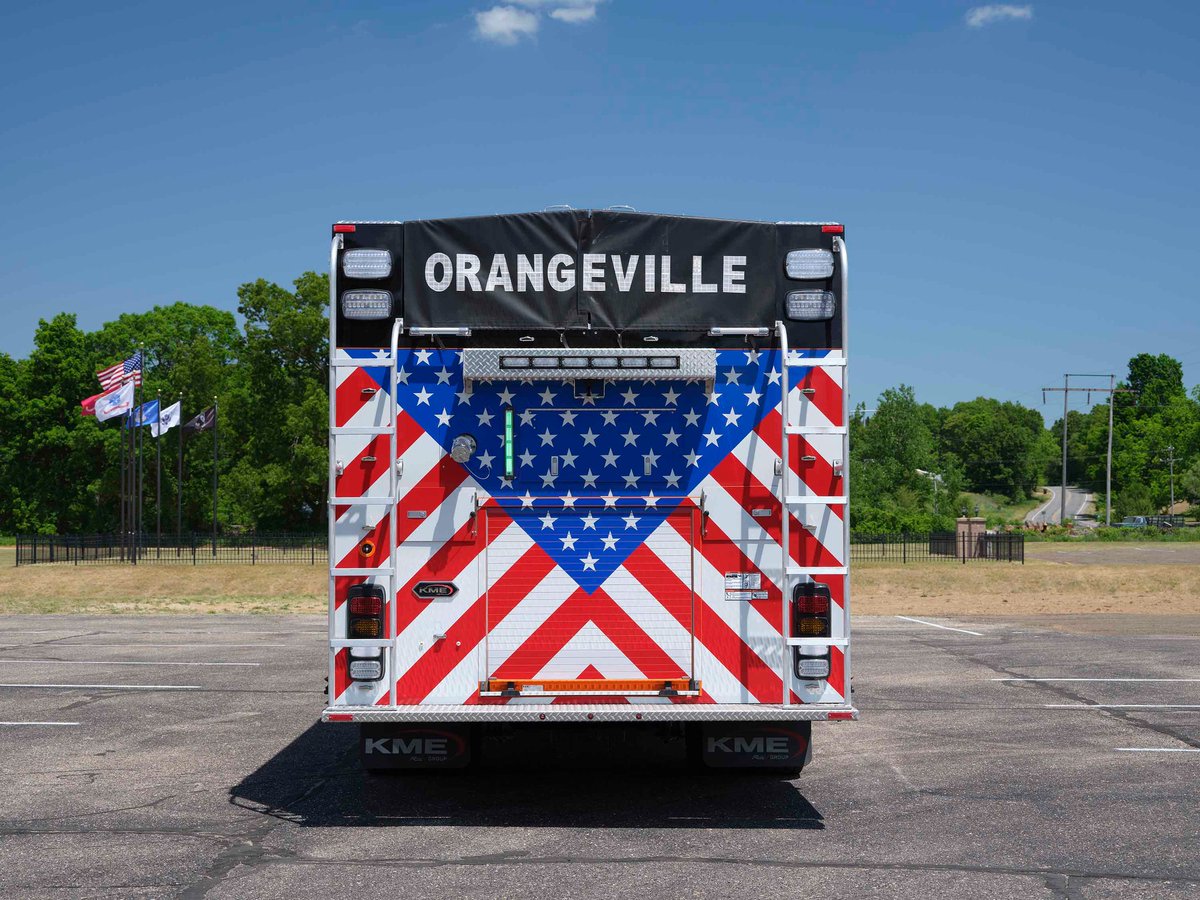 On this #FlagDay, we can't help but showcase the awesome US Flag graphic shown on the back of this KME Custom Top Mount Pumper for the Orangeville Volunteer Fire Department in Michigan. . Wow! #KMEfire #firetruck #flagday2025 #oldglory