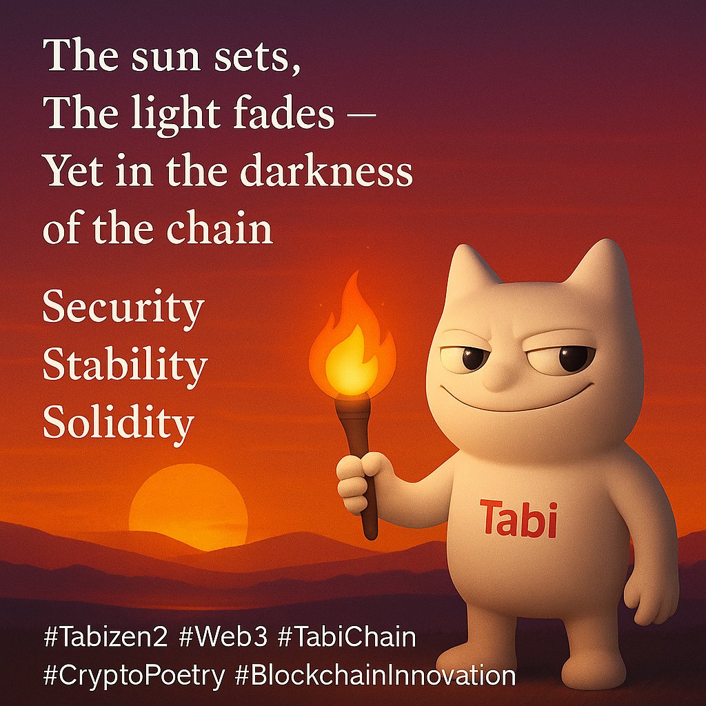md_jahid40740's tweet photo. The sun sets,
The light fades —
Yet in the darkness of the chain,
Tabi keeps a new flame alive.
Security. Stability. Solidity.
#Tabizen2 #Web3 #TabiChain #CryptoPoetry #BlockchainInnovation #EveningVibes #DeFiForAll https://t.co/PBNNHfR3nc