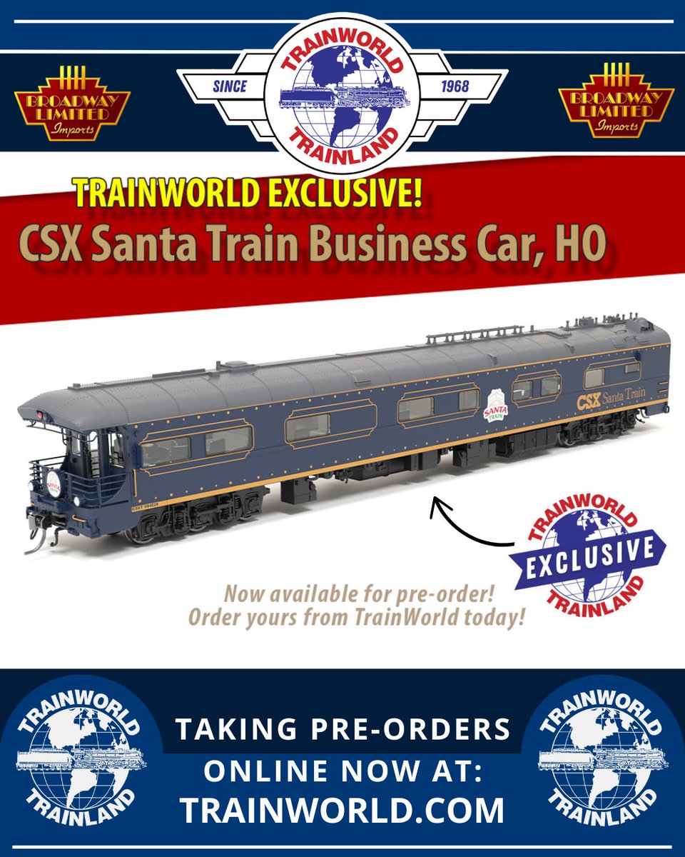 TrainWorld.com (@trainworld) on Twitter photo We are excited to partner with <a href="/BLITrains/">Broadway Ltd Imports</a> on a TrainWorld Exclusive in their 2nd production of "Kenefick" Business Cars. This is the CSX Santa Train fantasy scheme, inspired by the long tradition CSX organizes every year. The order deadline is August 7th 2025 with an expected We are excited to partner with <a href="/BLITrains/">Broadway Ltd Imports</a> on a TrainWorld Exclusive in their 2nd production of "Kenefick" Business Cars. This is the CSX Santa Train fantasy scheme, inspired by the long tradition CSX organizes every year. The order deadline is August 7th 2025 with an expected
