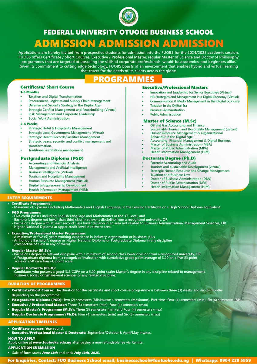Are you seeking a transformative business education led by industry-leading experts with a dynamic, comprehensive curriculum? Elevate your career with diploma or postgraduate programs at Federal University Otuoke Business School. Apply now to unlock your potential.