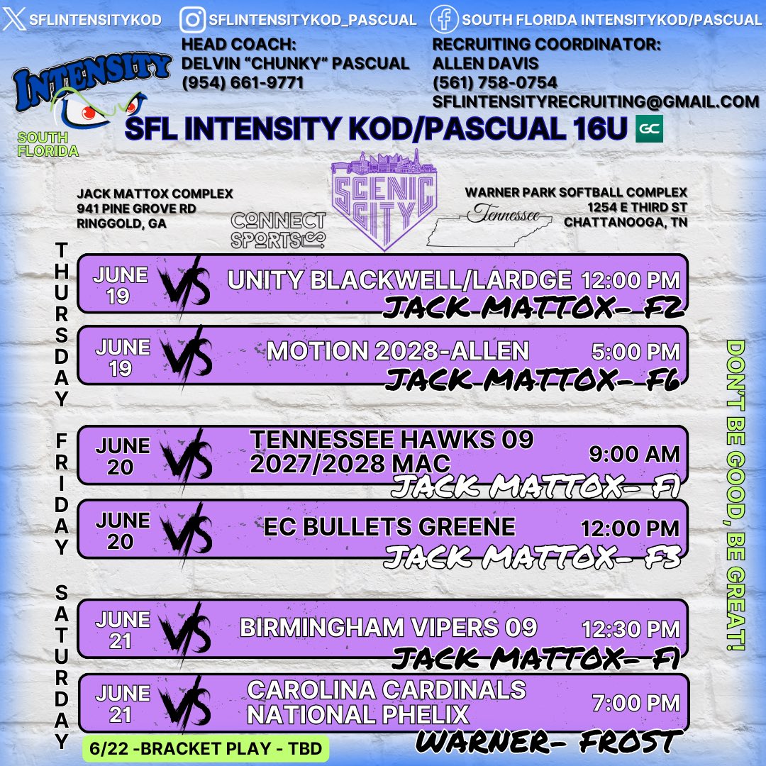 SFL Intensity KOD-Pascual (@sflintensitykod) on Twitter photo 🥎🥎Schedule Alert!🥎🥎
We are heading to Chattanooga, Tennessee for <a href="/ConnectSports_/">Connect Sports</a> Scenic City Summer Showcase!!!Check out our schedule. Can’t wait to see you there. Follow us on GC
web.gc.com/teams/aRkkIvX5… 🥎🥎Schedule Alert!🥎🥎
We are heading to Chattanooga, Tennessee for <a href="/ConnectSports_/">Connect Sports</a> Scenic City Summer Showcase!!!Check out our schedule. Can’t wait to see you there. Follow us on GC
web.gc.com/teams/aRkkIvX5…