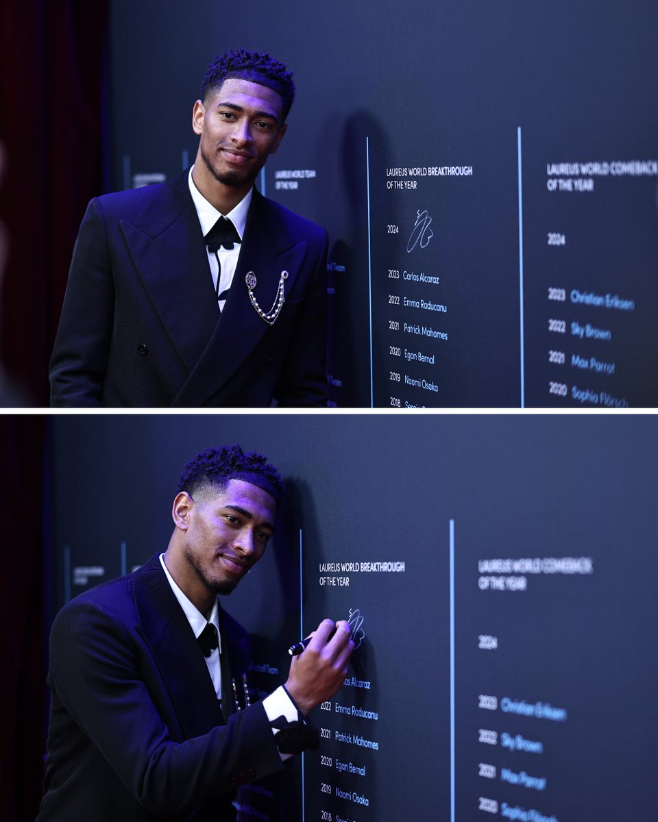 Laureus (@laureussport) on Twitter photo ποΈ An incredible 2023/24 season with Real Madrid and England led to Jude Bellingham being named 2024 Laureus World Breakthrough of the Year and signing the Laureus Winnersβ Wall.
Β
ποΈ It all started on this day in 2023, when he officially signed for <a href="/realmadrid/">Real Madrid C.F.</a>.
Β
#OTD | ποΈ An incredible 2023/24 season with Real Madrid and England led to Jude Bellingham being named 2024 Laureus World Breakthrough of the Year and signing the Laureus Winnersβ Wall.
Β
ποΈ It all started on this day in 2023, when he officially signed for <a href="/realmadrid/">Real Madrid C.F.</a>.
Β
#OTD |