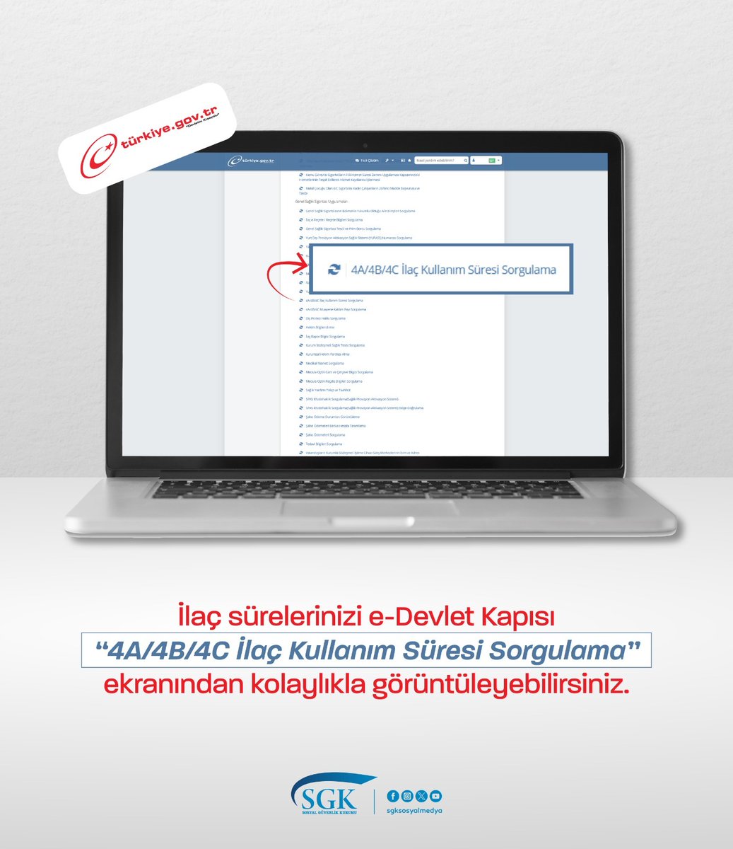 İlaç sürelerinizi e-Devlet Kapısı “4A/4B/4C İlaç Kullanım Süresi Sorgulama” ekranından kolaylıkla görüntüleyebilirsiniz.
turkiye.gov.tr/ilac-kullanim-…