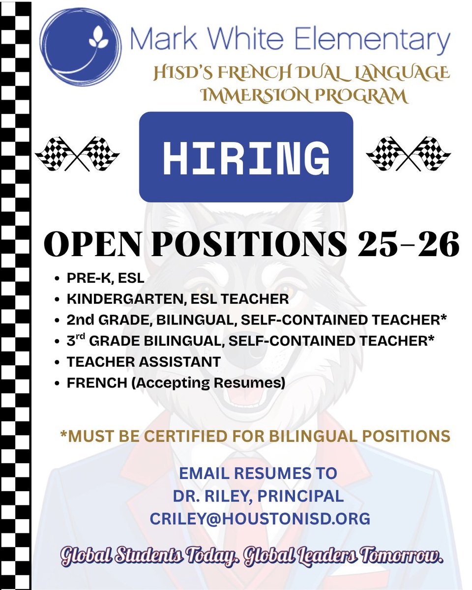 MWhiteElem's tweet photo. 🚨 Calling all educators! 🚨
Come shift gears with us at Mark White Elementary! 🏁
We’re at today’s HISD Job Fair and ready to connect with teachers &amp; staff for 2025–2026!

📍Visit our table
📚 Dual Language | ESL | Bilingual | TA Roles
🌎 Global students. Global leaders. https://t.co/2ZxBcTcUv5