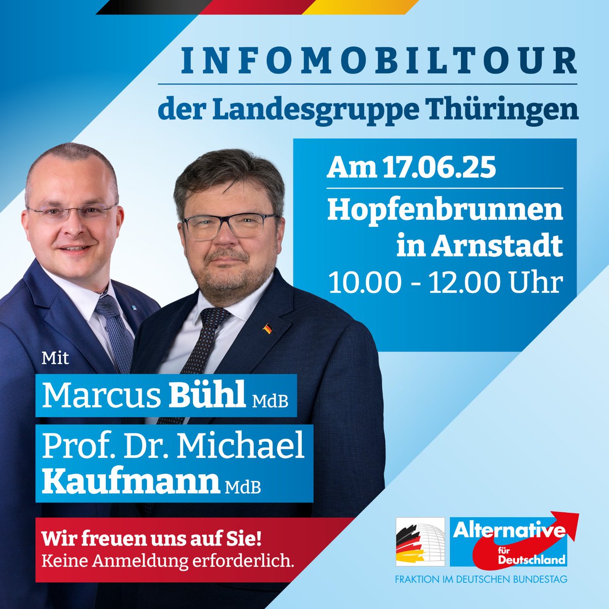 Am Montag &amp; Dienstag sind wir mit dem Infomobil der Bundestagsfraktion im Ilmkreis unterwegs.

Montag, 16.06.25, 10-12 Uhr

Vor dem Einkaufsmarkt Sander am Stollen in Ilmenau

Dienstag, 17.06.25, 10-12 Uhr

Am Hopfenbrunnen in der Arnstädter Fußgängerzone

Wir freuen uns auf Sie!