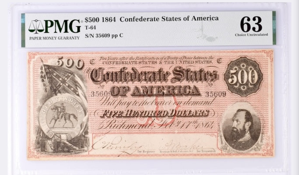 PaperMoneyChest's tweet image. Civil War history in bold red.
The 1864 $500 Confederate Note ranks #53 in the 100 Greatest Notes.
PF-3 variety with dark red underprint—serial 35609.
Estimated value: $3,300.

#PaperMoneyChest #ConfederateCurrency #RareNotes #June26Launch