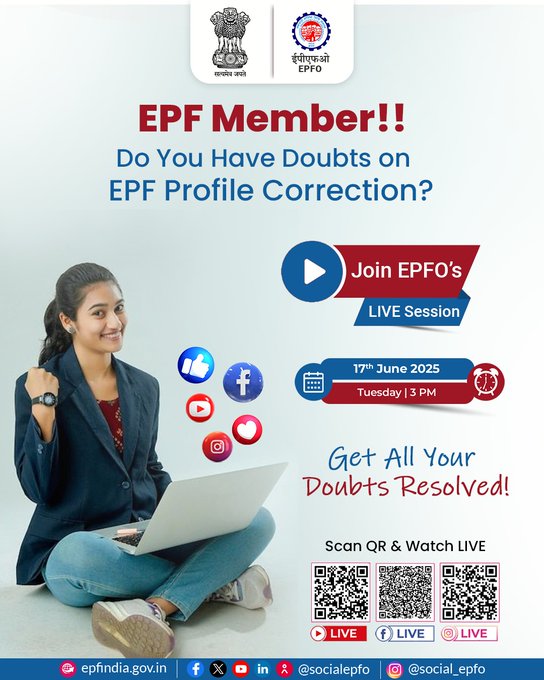 epfkochi's tweet image. EPF Members! Join EPFO's LIVE session on June 17th at 3:00 PM. Scan the QR code and get ready with your questions for the experts!  Join Live on YouTube: youtube.com/live/FQ96QBLRH……Join Live on Facebook: facebook.com/share/1AndDiKK…… #EPFOQuiz #LiveSession #JoinLive #YouTube #Facebook