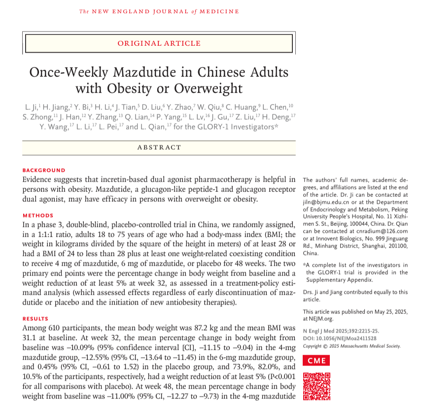 scottisaacsmd's tweet photo. Once weekly #mazdutide with up to 14% weight loss in a phase 3, double-blind 48-week placebo-controlled trial in China.
https://t.co/GEIIrkgagR https://t.co/Zhwzf62Chq