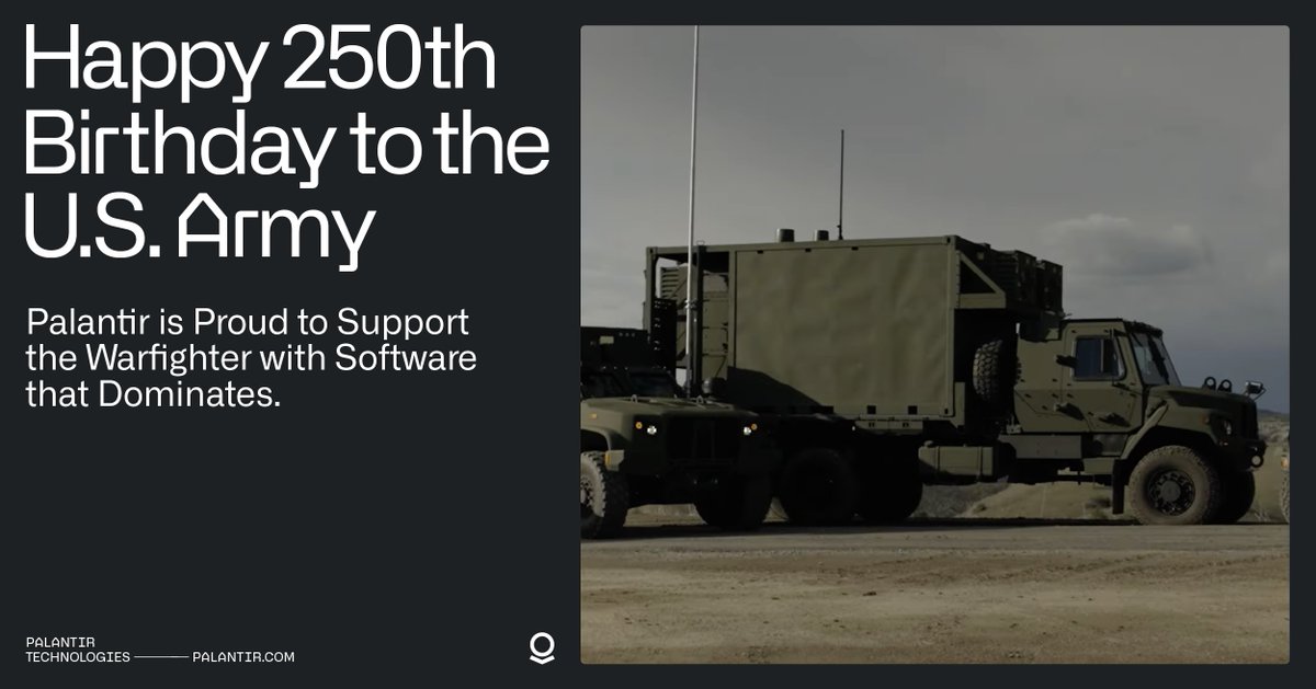 PalantirTech's tweet photo. On the @USArmy’s 250th birthday, Palantir honors the indomitable spirit of the American Soldier. 

From Valley Forge to Shiloh, from Normandy to today’s far-flung battlefields. 

Count the brave. Count the true. https://t.co/N7EQUOFgtv