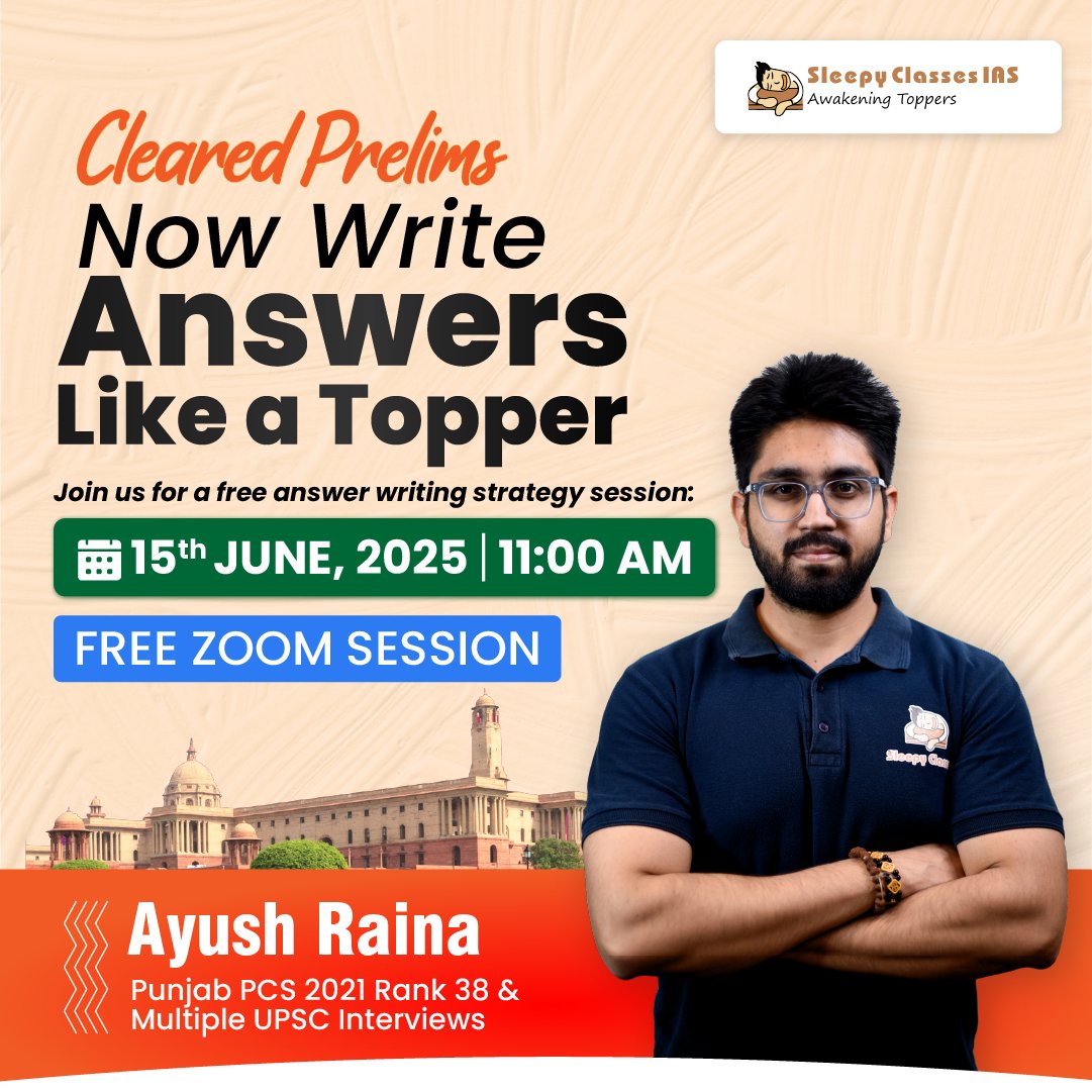 Sleepy Classes (@sleepyclasses) on Twitter photo Cleared Prelims? Now learn the art of answer writing like a topper.
FREE Zoom session with Ayush Raina sir
๐ 15 June | โฐ 11 AM
๐ Link to register : sleepyclasses.com/mains-70-day-rโฆ Cleared Prelims? Now learn the art of answer writing like a topper.
FREE Zoom session with Ayush Raina sir
๐ 15 June | โฐ 11 AM
๐ Link to register : sleepyclasses.com/mains-70-day-rโฆ