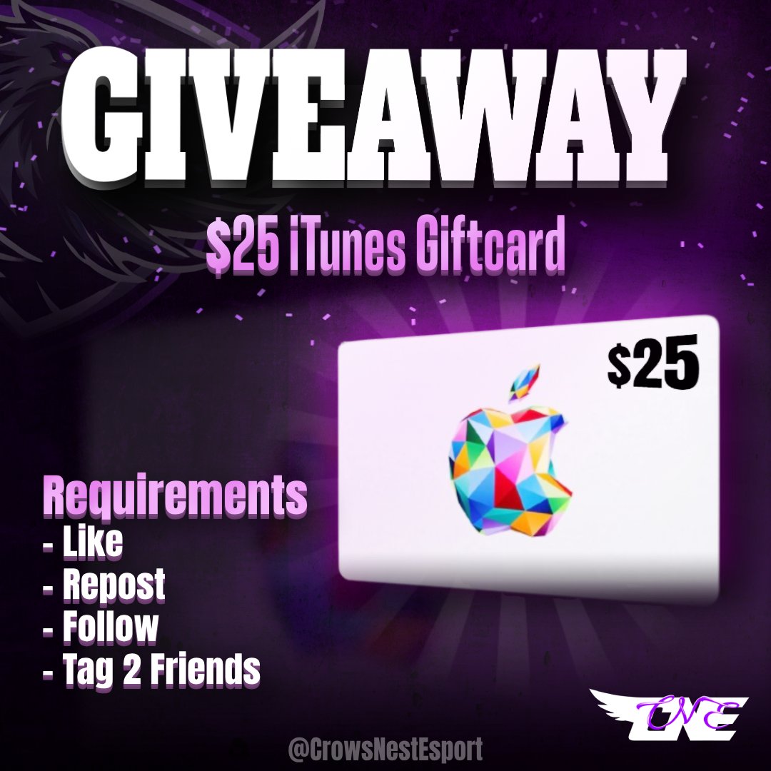 🎉 GIVEAWAY TIME! 🎉
We’re back with another one – this time, win a $25 iTunes Gift Card! 💳🎶

Here’s how to enter:
👤 Follow <a href="/CrowsNestEsport/">Crow's Nest E-sports</a>
❤️ Like this post
♻️ Repost
👥 Tag 2 friends in the comments!

Good luck, everyone! 
 #Giveaway #stormtheskies