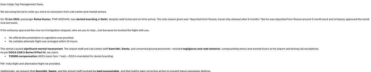 Haniya_Travel's tweet image. Terrible @IndiGo6E   service on 12 June—had a valid visa, reached on time, but was still denied boarding with no valid reason, no alternate flight, and rude/unhelpful staff 😡@airsewa_MoCA @DGCAIndia  #CustomerServiceFail #KnowYourRights #indigoflight