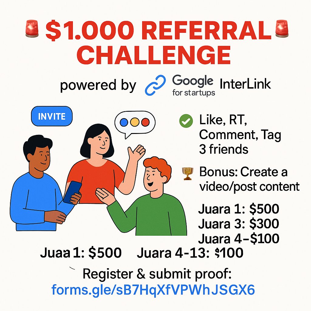 interlinklabsid's tweet image. 🚨 Hadiah Referrer Teratas $1.000 🚨

Untuk merayakan InterLink Labs yang kembali didanai oleh Google for Startups, kami meluncurkan kontes referral khusus!

Agar memenuhi syarat, orang yang Anda undang harus menyelesaikan tugas khusus ini:

✅ Tugas wajib: Sukai, retweet,…