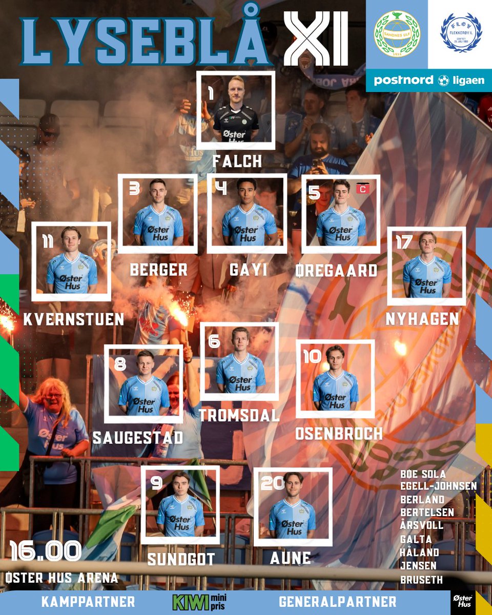Disse starter mot Fløy/Flekkerøy 📜 

XI | Falch, Kvernstuen, Berger, Gayi, Øregaard (K), Nyhagen, Saugestad, Tromsdal, Osenbroch, Sundgot, Aune

🔄 | Bøe Sola, Bertelsen, Berland, Galta, Årsvoll, Håland, Egell-Johnsen, Jensen, Bruseth 

🕒 16.00 | Øster Hus Arena