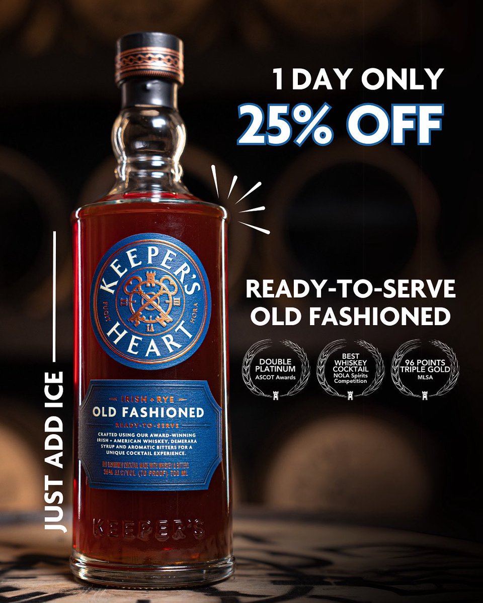 📣 1 DAY ONLY! 📣

Today only, take 25% off our Ready-to-Serve Old Fashioned—just use code OLDFASHIONED at checkout.

Available in both 375ml and 700ml sizes: shop.keepersheartwhiskey.com 

Slainte! 🥃