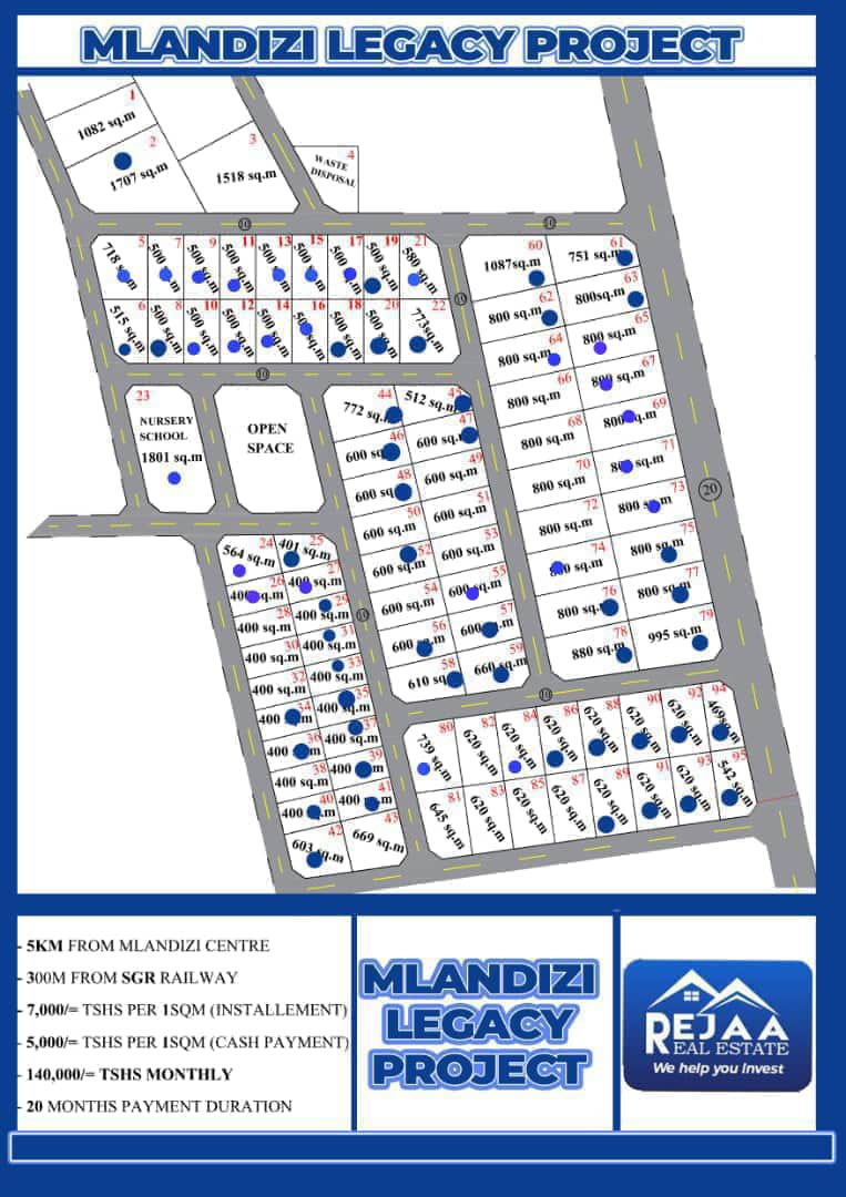Viwanja MPYA-MLANDIZI -NGETA
Upo Katikati ya RUVU &amp;SOGA kuna huduma zote za kijamii kama
Maji Umeme nk
1Sqm 5000 CASH
1Sqm- 7000 Installment (20Months)
Mfano
400 SQM -140,000 kila mwezi
500 SQM - 175,000
600 SQM- 210,000

Lipa Mdogomdogo
0745124138