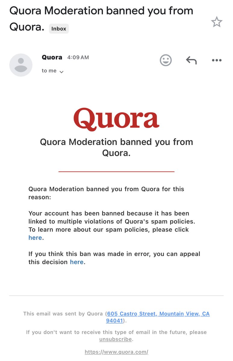 Quora banned me. I haven’t used the platform in years. Good riddance.