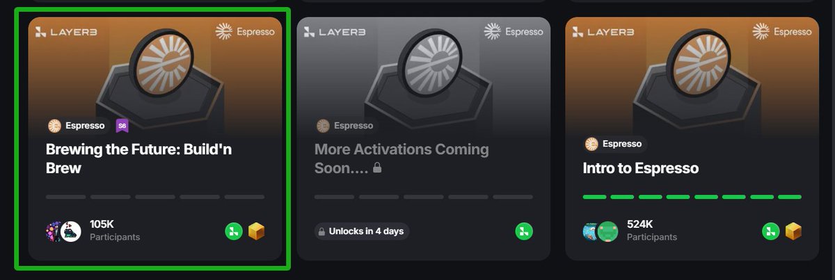 补作业：融资6000万的Espresso本周任务更新，Espresso <a href="/EspressoSys/">Espresso ☕️</a>格局不错，前面打到的NFT大家都赚麻了，L3的任务要接着做
app.layer3.xyz/campaigns/brew…

Brewing the Future: Build'n Brew
答案：BAC
直通链接：app.layer3.xyz/activations/br…