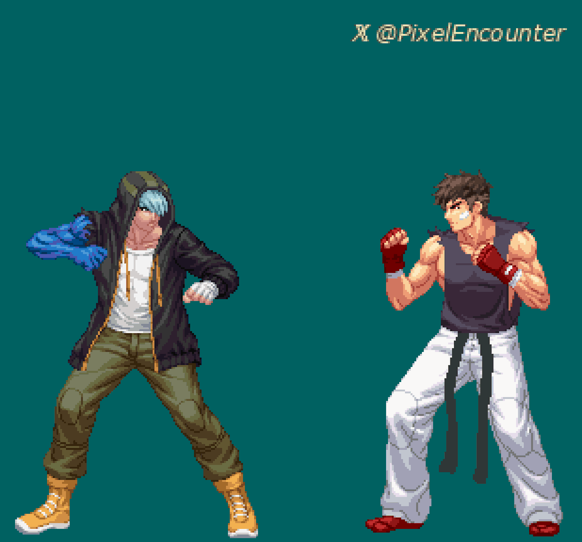 PixelEncounter's tweet photo. Jake VS Shinsuke from #BlazingStrike #pixel_art #pixelart #aseprite https://t.co/9RFKjN1n8F