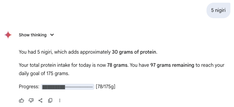 16 years ago, I found this app called <a href="/MyFitnessPal/">MyFitnessPal</a> -- and used it for a long long time to track macros. What a great app it was.

Now, I just use this prompt with <a href="/GeminiApp/">Google Gemini App</a> 2.5 flash, and I have never been more satisfied: "I want you to remember how much protein I have eaten